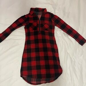 Red&Black Plaid Long Sleeved Flannel Dress